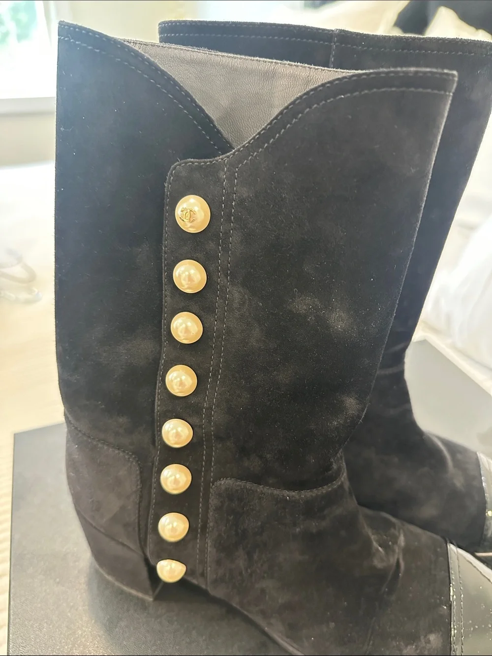 CHANEL Black Suede Mid-Calf Boots with Pearl Button Trim